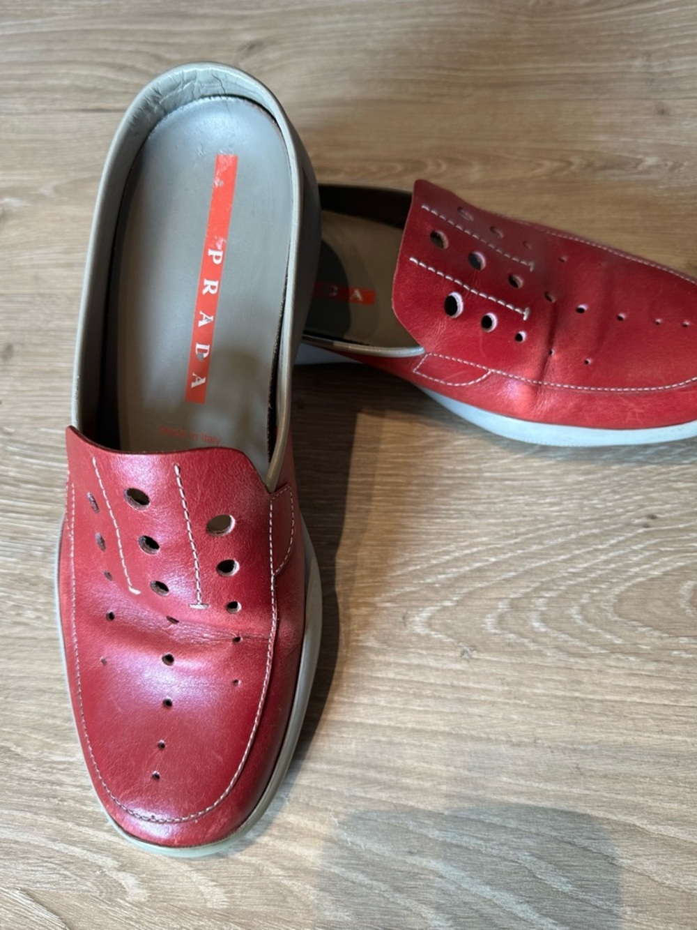 Prada Red Perforated Leather Slip-On Mules - Picture 2 of 8